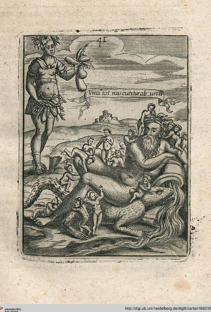 An illustration from Vincentii Chartarii Rhegiensis Neu-eröffneter Götzen-Tempel: Darinnen Durch erklärte Darstellung deroselben erdichtete Gestalt/ die bey dem Heydnischen Götter-Dienst/ vor alten Zeiten gewöhnliche Verehrung/ Anbettung/ und herrliche Kirchen-Gepräng ; Vorgestellet Zu höchst benöthigtem Dienst und augenscheinlichen Vortheil derjenigen/ welche die Geschichte so wol als Gedichte der alten bewehrten Scribenten/ nicht weniger mit Nutzen lesen/ als auch gründlich verstehen wollen, 1692, leaf 92