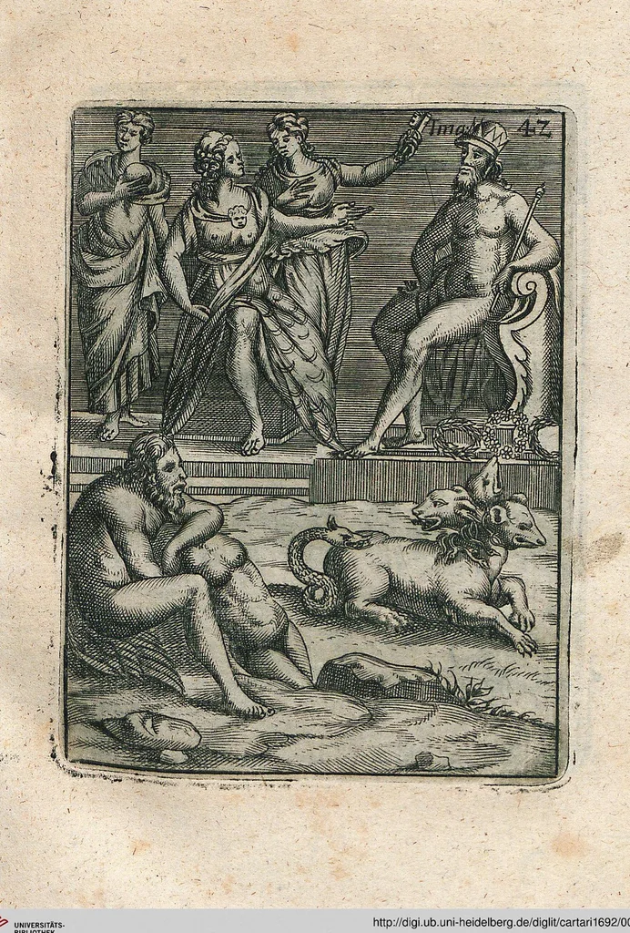 An illustration from Vincentii Chartarii Rhegiensis Neu-eröffneter Götzen-Tempel: Darinnen Durch erklärte Darstellung deroselben erdichtete Gestalt/ die bey dem Heydnischen Götter-Dienst/ vor alten Zeiten gewöhnliche Verehrung/ Anbettung/ und herrliche Kirchen-Gepräng ; Vorgestellet Zu höchst benöthigtem Dienst und augenscheinlichen Vortheil derjenigen/ welche die Geschichte so wol als Gedichte der alten bewehrten Scribenten/ nicht weniger mit Nutzen lesen/ als auch gründlich verstehen wollen, 1692, leaf 95