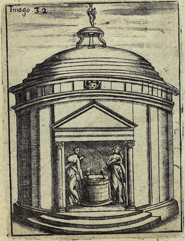 An illustration from Theatrum Ethnico Idololatricum Politico-Historicum Ethnicorum Idololatrias, simulacra, Templa, sacrificia & Deos: Illorum Origines, Ritus, & Caeremonias ..., 1699, leaf 283