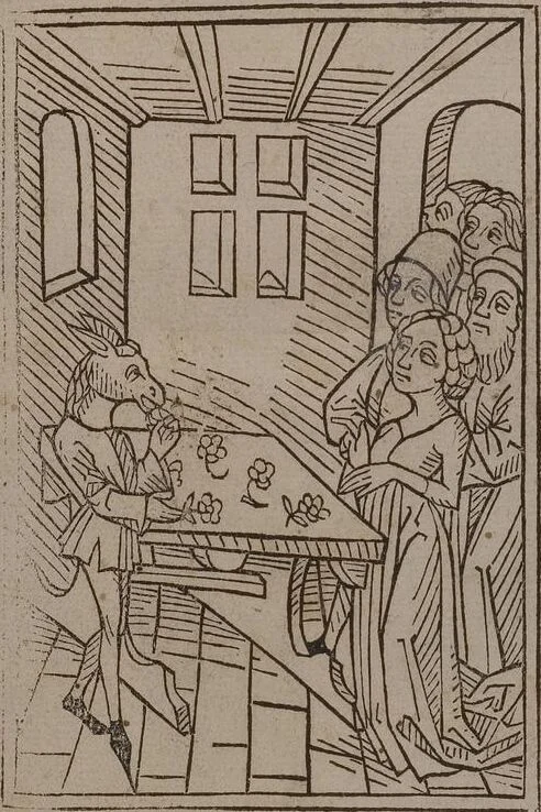 An illustration from 'Gesta Romanorum', dt. ; Aeneas Silvius Piccolomini: De duobus amantibus Euryalo et Lucretia, in der Übersetzung des Niklas von Wyle (1. Translatze) ; Lucianus Samosatensis (Druck) ; Giovanni Boccaccio (Druck), 1470, leaf 235