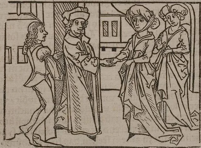 An illustration from 'Gesta Romanorum', dt. ; Aeneas Silvius Piccolomini: De duobus amantibus Euryalo et Lucretia, in der Übersetzung des Niklas von Wyle (1. Translatze) ; Lucianus Samosatensis (Druck) ; Giovanni Boccaccio (Druck), 1470, leaf 295