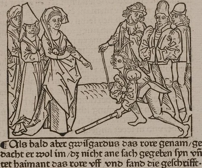 An illustration from 'Gesta Romanorum', dt. ; Aeneas Silvius Piccolomini: De duobus amantibus Euryalo et Lucretia, in der Übersetzung des Niklas von Wyle (1. Translatze) ; Lucianus Samosatensis (Druck) ; Giovanni Boccaccio (Druck), 1470, leaf 297