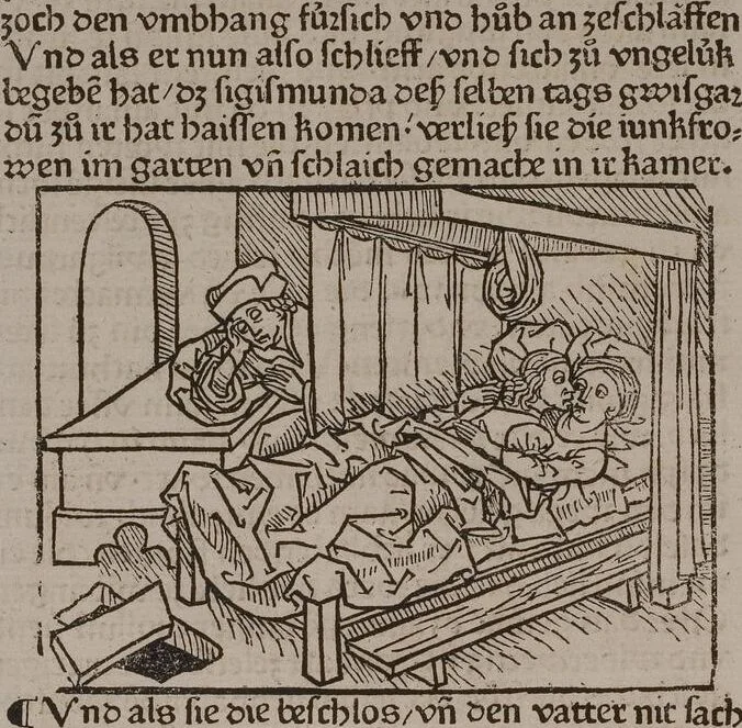 An illustration from 'Gesta Romanorum', dt. ; Aeneas Silvius Piccolomini: De duobus amantibus Euryalo et Lucretia, in der Übersetzung des Niklas von Wyle (1. Translatze) ; Lucianus Samosatensis (Druck) ; Giovanni Boccaccio (Druck), 1470, leaf 300
