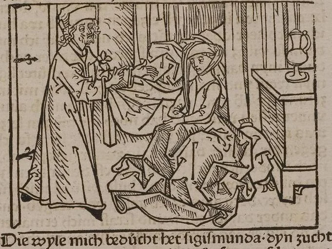 An illustration from 'Gesta Romanorum', dt. ; Aeneas Silvius Piccolomini: De duobus amantibus Euryalo et Lucretia, in der Übersetzung des Niklas von Wyle (1. Translatze) ; Lucianus Samosatensis (Druck) ; Giovanni Boccaccio (Druck), 1470, leaf 303