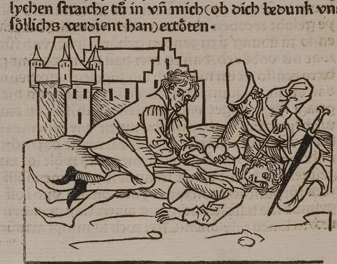 An illustration from 'Gesta Romanorum', dt. ; Aeneas Silvius Piccolomini: De duobus amantibus Euryalo et Lucretia, in der Übersetzung des Niklas von Wyle (1. Translatze) ; Lucianus Samosatensis (Druck) ; Giovanni Boccaccio (Druck), 1470, leaf 308