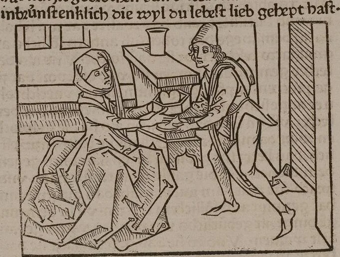 An illustration from 'Gesta Romanorum', dt. ; Aeneas Silvius Piccolomini: De duobus amantibus Euryalo et Lucretia, in der Übersetzung des Niklas von Wyle (1. Translatze) ; Lucianus Samosatensis (Druck) ; Giovanni Boccaccio (Druck), 1470, leaf 310