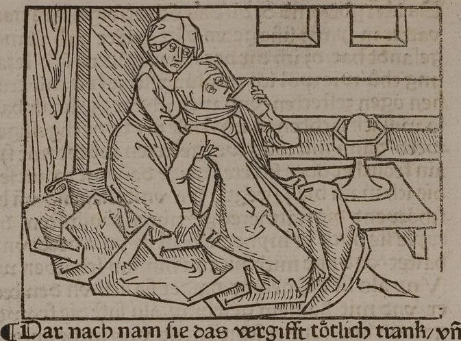 An illustration from 'Gesta Romanorum', dt. ; Aeneas Silvius Piccolomini: De duobus amantibus Euryalo et Lucretia, in der Übersetzung des Niklas von Wyle (1. Translatze) ; Lucianus Samosatensis (Druck) ; Giovanni Boccaccio (Druck), 1470, leaf 312
