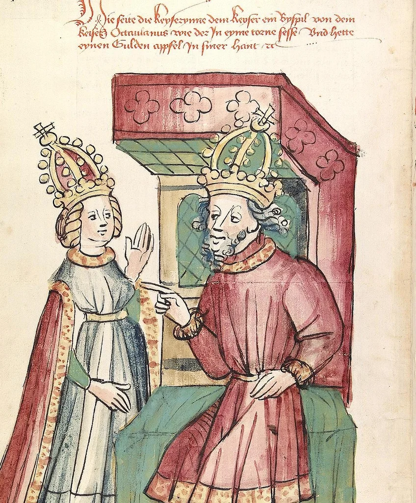 An illustration from Historia septem sapientum, dt. ; Martinus Oppaviensis: Chronicon pontificum et imperatorum, dt., 1450, leaf 108