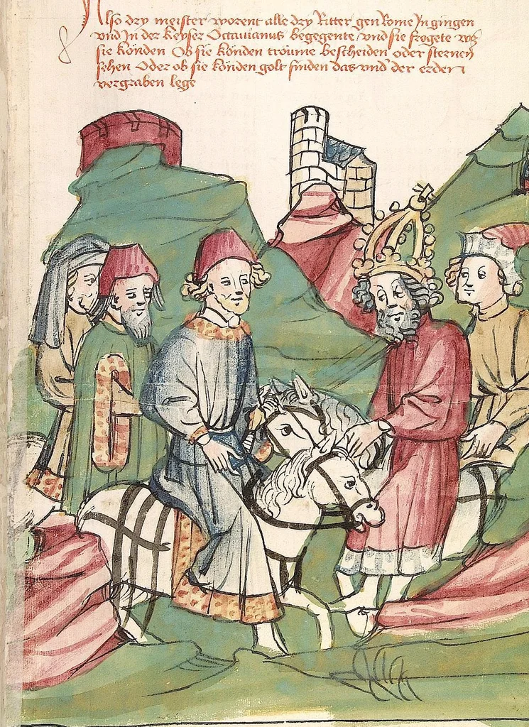 An illustration from Historia septem sapientum, dt. ; Martinus Oppaviensis: Chronicon pontificum et imperatorum, dt., 1450, leaf 111