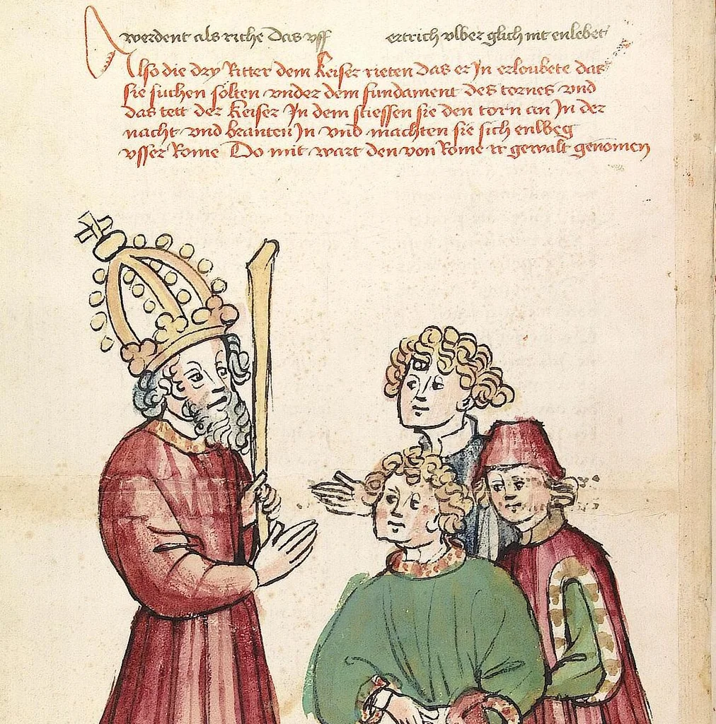 An illustration from Historia septem sapientum, dt. ; Martinus Oppaviensis: Chronicon pontificum et imperatorum, dt., 1450, leaf 114