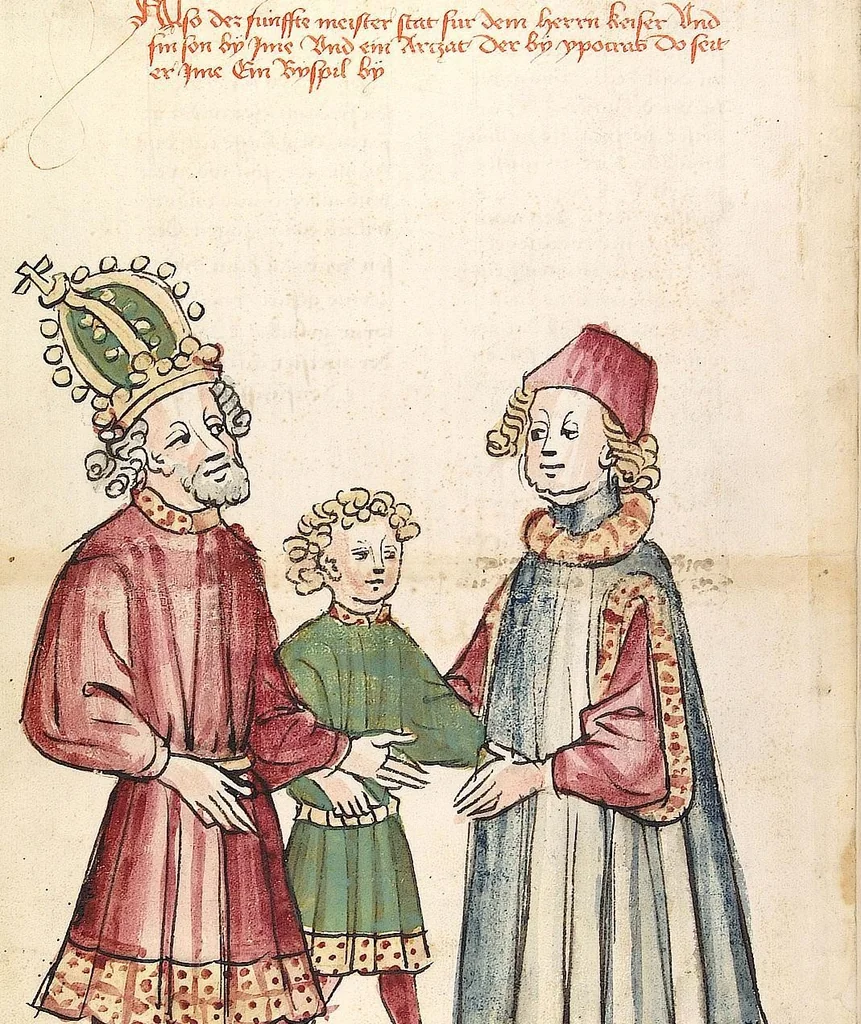 An illustration from Historia septem sapientum, dt. ; Martinus Oppaviensis: Chronicon pontificum et imperatorum, dt., 1450, leaf 118
