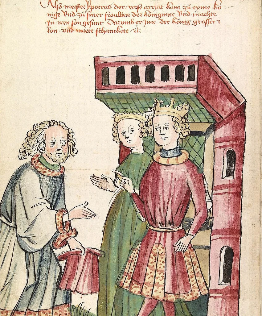 An illustration from Historia septem sapientum, dt. ; Martinus Oppaviensis: Chronicon pontificum et imperatorum, dt., 1450, leaf 120