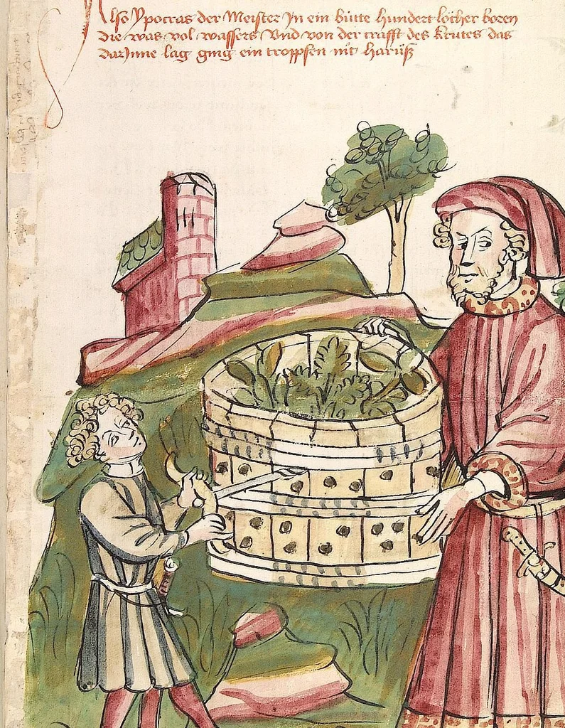An illustration from Historia septem sapientum, dt. ; Martinus Oppaviensis: Chronicon pontificum et imperatorum, dt., 1450, leaf 123