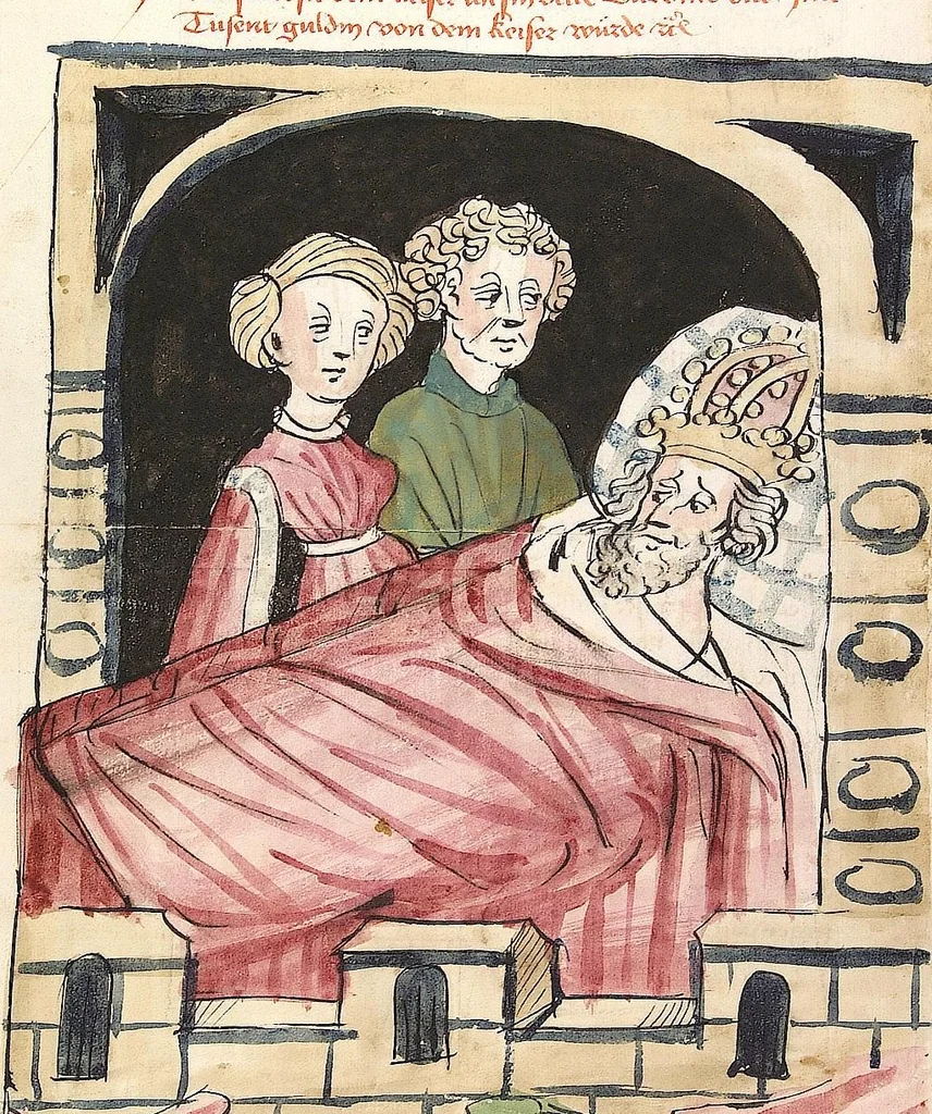 An illustration from Historia septem sapientum, dt. ; Martinus Oppaviensis: Chronicon pontificum et imperatorum, dt., 1450, leaf 126