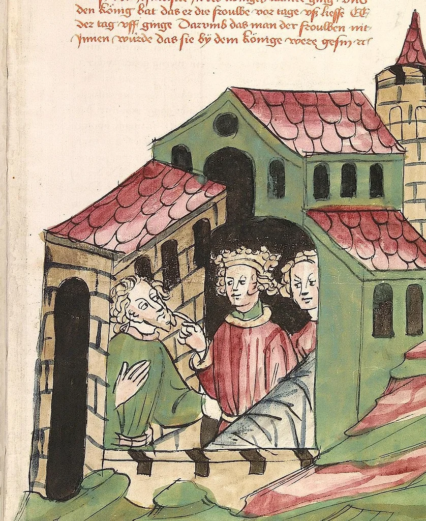 An illustration from Historia septem sapientum, dt. ; Martinus Oppaviensis: Chronicon pontificum et imperatorum, dt., 1450, leaf 129