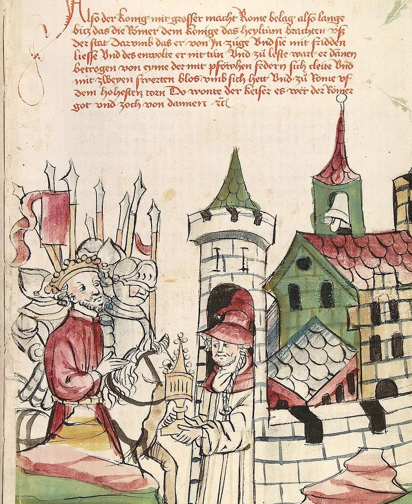 An illustration from Historia septem sapientum, dt. ; Martinus Oppaviensis: Chronicon pontificum et imperatorum, dt., 1450, leaf 131