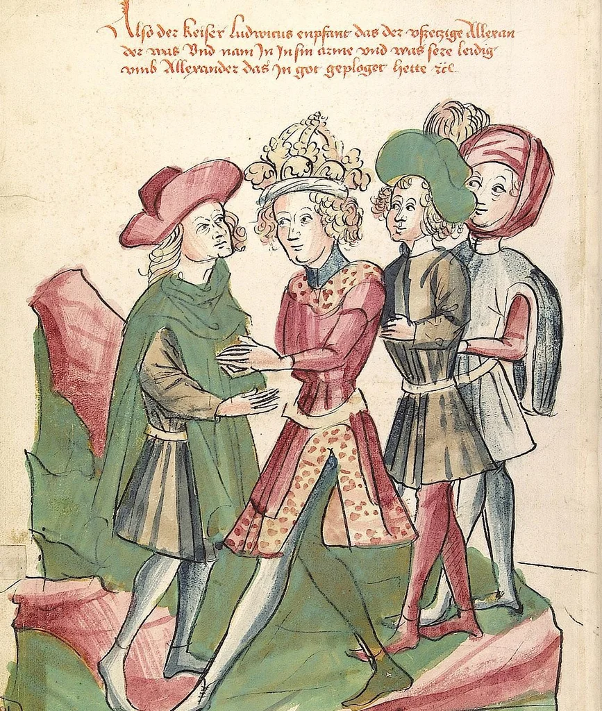 An illustration from Historia septem sapientum, dt. ; Martinus Oppaviensis: Chronicon pontificum et imperatorum, dt., 1450, leaf 136