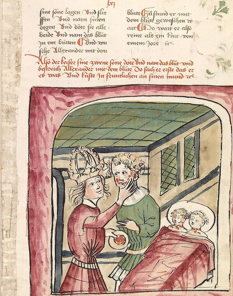 An illustration from Historia septem sapientum, dt. ; Martinus Oppaviensis: Chronicon pontificum et imperatorum, dt., 1450, leaf 139