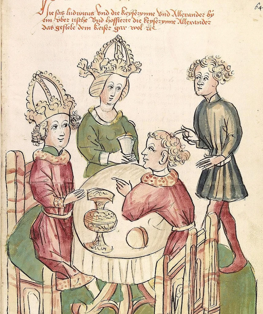 An illustration from Historia septem sapientum, dt. ; Martinus Oppaviensis: Chronicon pontificum et imperatorum, dt., 1450, leaf 141