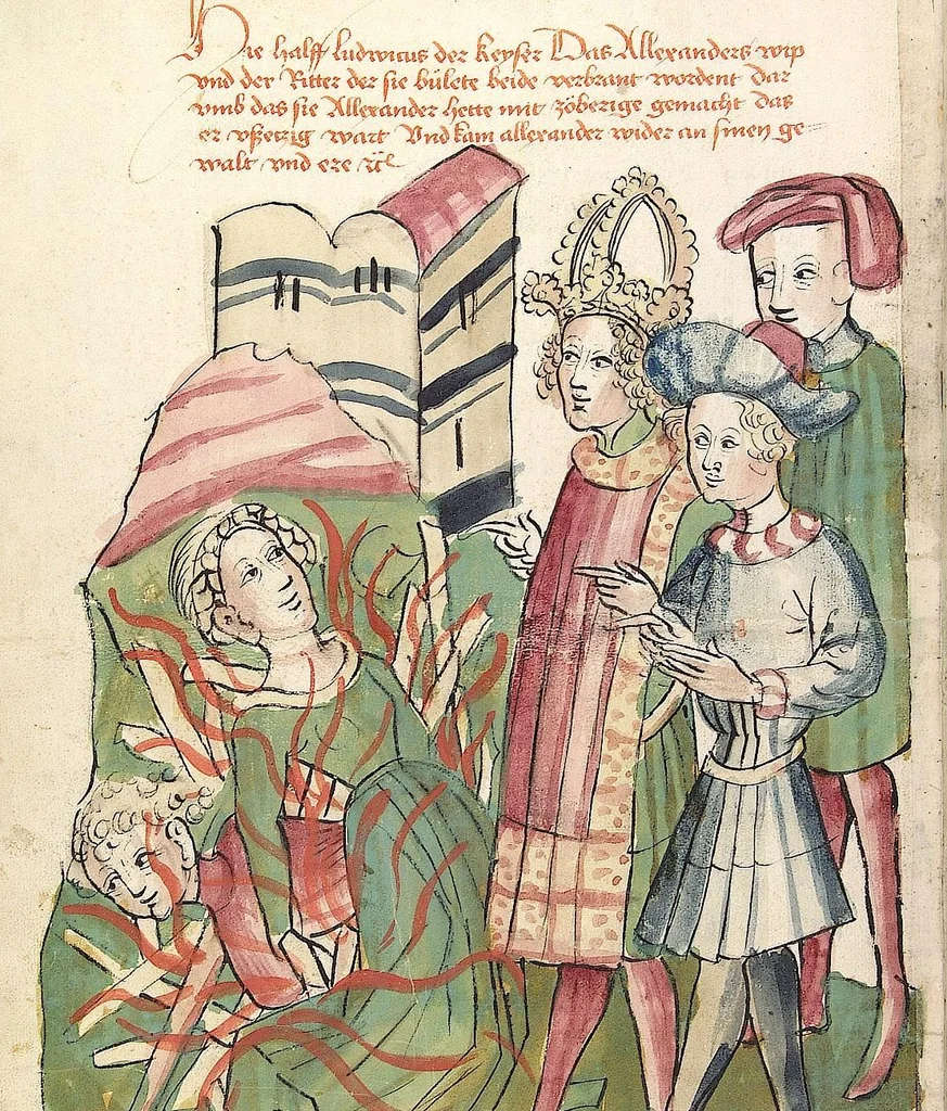 An illustration from Historia septem sapientum, dt. ; Martinus Oppaviensis: Chronicon pontificum et imperatorum, dt., 1450, leaf 144