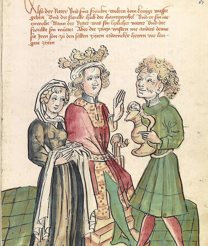 An illustration from Historia septem sapientum, dt. ; Martinus Oppaviensis: Chronicon pontificum et imperatorum, dt., 1450, leaf 147