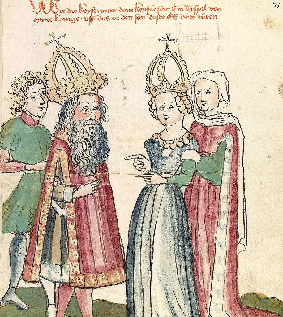 An illustration from Historia septem sapientum, dt. ; Martinus Oppaviensis: Chronicon pontificum et imperatorum, dt., 1450, leaf 163