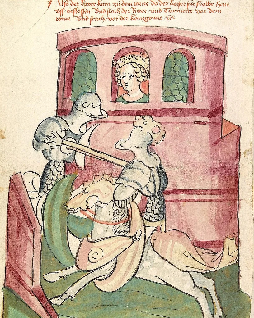 An illustration from Historia septem sapientum, dt. ; Martinus Oppaviensis: Chronicon pontificum et imperatorum, dt., 1450, leaf 166