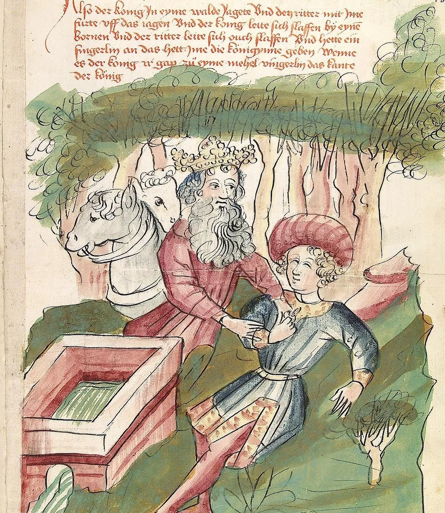 An illustration from Historia septem sapientum, dt. ; Martinus Oppaviensis: Chronicon pontificum et imperatorum, dt., 1450, leaf 169