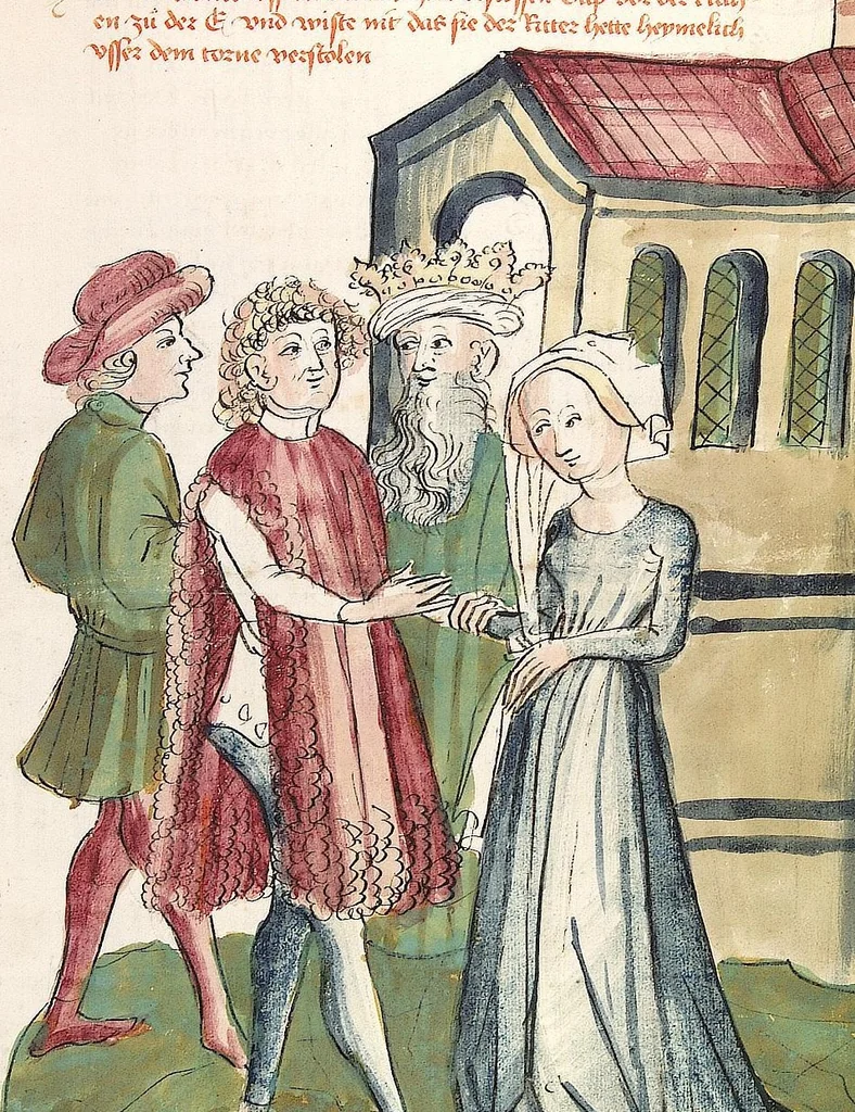 An illustration from Historia septem sapientum, dt. ; Martinus Oppaviensis: Chronicon pontificum et imperatorum, dt., 1450, leaf 175
