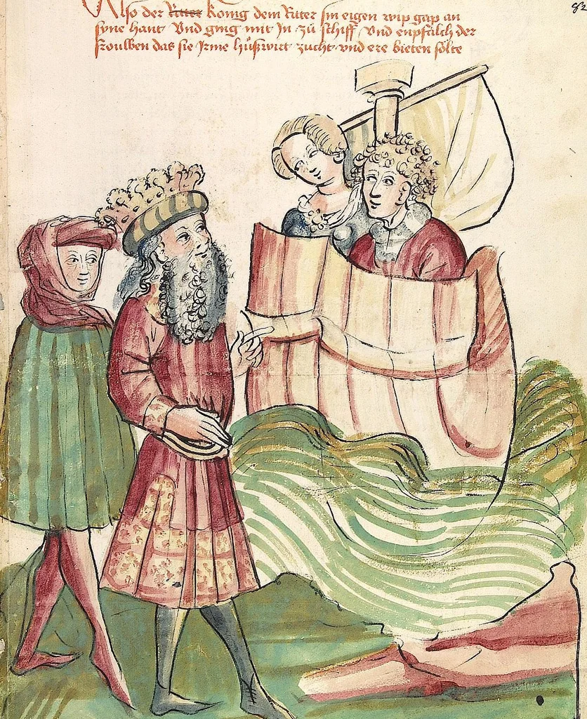 An illustration from Historia septem sapientum, dt. ; Martinus Oppaviensis: Chronicon pontificum et imperatorum, dt., 1450, leaf 177