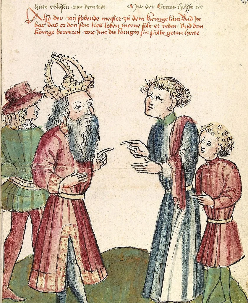 An illustration from Historia septem sapientum, dt. ; Martinus Oppaviensis: Chronicon pontificum et imperatorum, dt., 1450, leaf 179