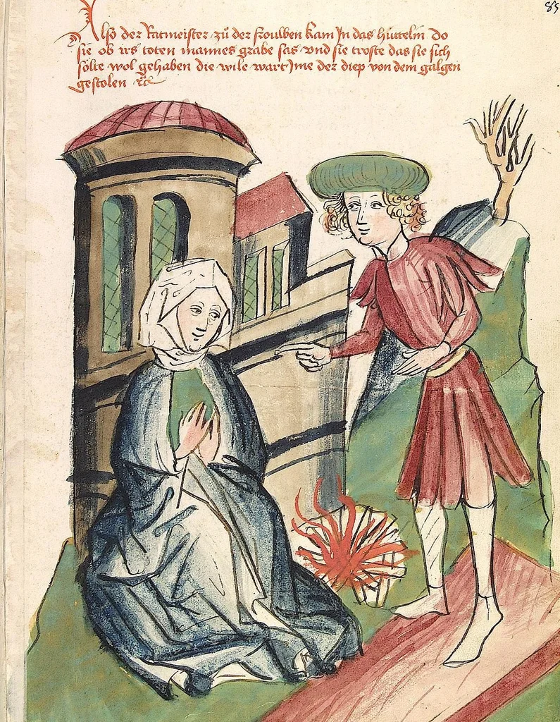 An illustration from Historia septem sapientum, dt. ; Martinus Oppaviensis: Chronicon pontificum et imperatorum, dt., 1450, leaf 183