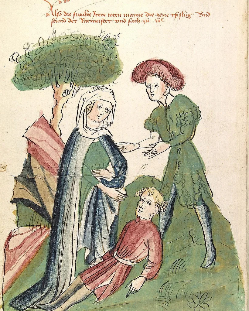 An illustration from Historia septem sapientum, dt. ; Martinus Oppaviensis: Chronicon pontificum et imperatorum, dt., 1450, leaf 186