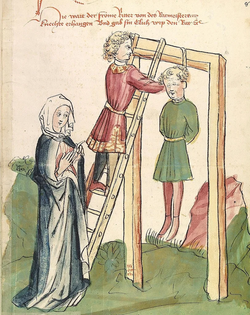 An illustration from Historia septem sapientum, dt. ; Martinus Oppaviensis: Chronicon pontificum et imperatorum, dt., 1450, leaf 189