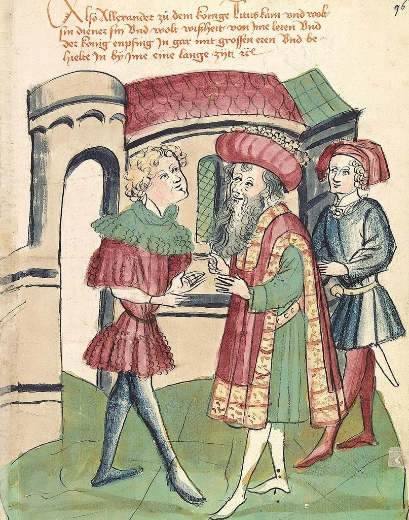 An illustration from Historia septem sapientum, dt. ; Martinus Oppaviensis: Chronicon pontificum et imperatorum, dt., 1450, leaf 205