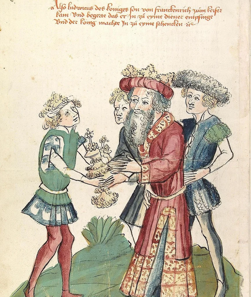 An illustration from Historia septem sapientum, dt. ; Martinus Oppaviensis: Chronicon pontificum et imperatorum, dt., 1450, leaf 208