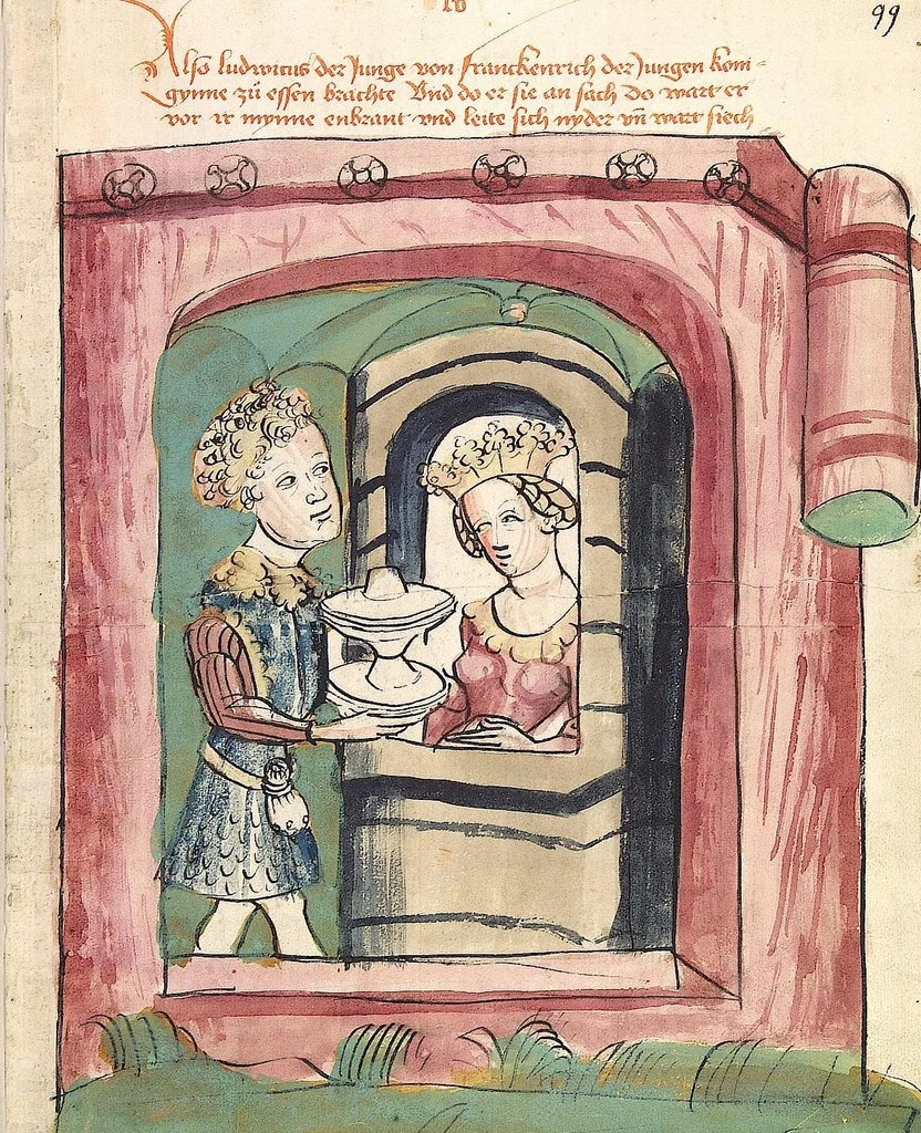 An illustration from Historia septem sapientum, dt. ; Martinus Oppaviensis: Chronicon pontificum et imperatorum, dt., 1450, leaf 211