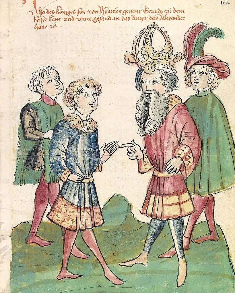 An illustration from Historia septem sapientum, dt. ; Martinus Oppaviensis: Chronicon pontificum et imperatorum, dt., 1450, leaf 217