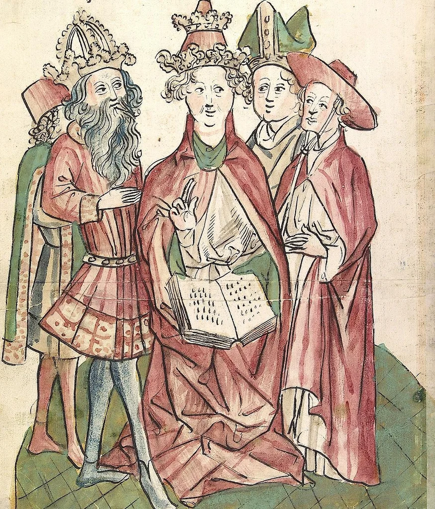An illustration from Historia septem sapientum, dt. ; Martinus Oppaviensis: Chronicon pontificum et imperatorum, dt., 1450, leaf 244