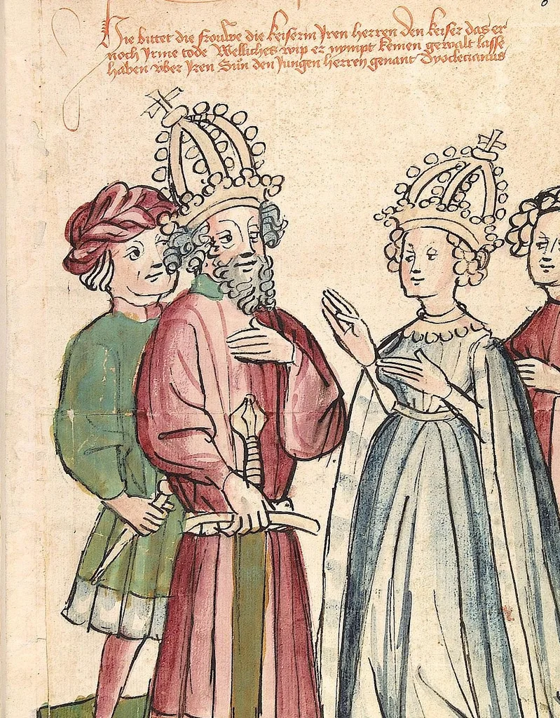 An illustration from Historia septem sapientum, dt. ; Martinus Oppaviensis: Chronicon pontificum et imperatorum, dt., 1450, leaf 25