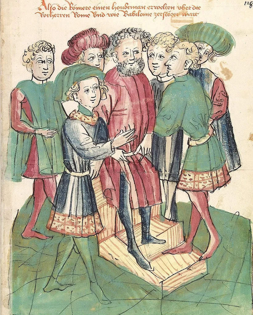 An illustration from Historia septem sapientum, dt. ; Martinus Oppaviensis: Chronicon pontificum et imperatorum, dt., 1450, leaf 269