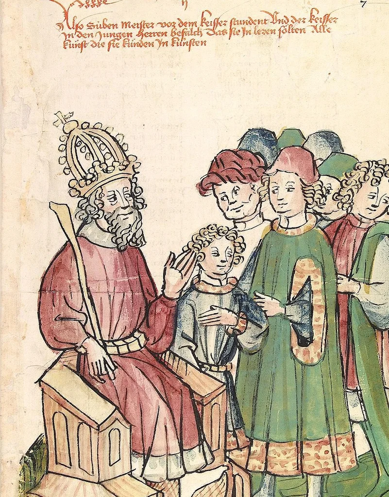 An illustration from Historia septem sapientum, dt. ; Martinus Oppaviensis: Chronicon pontificum et imperatorum, dt., 1450, leaf 27