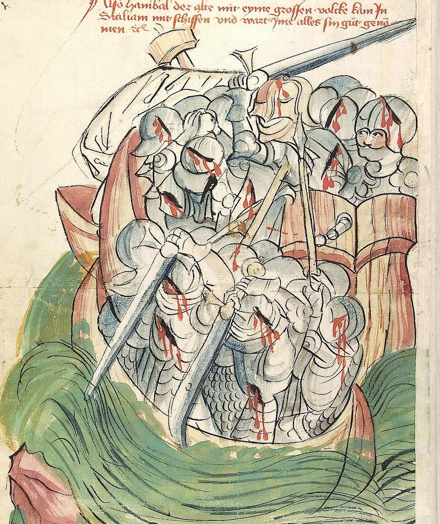 An illustration from Historia septem sapientum, dt. ; Martinus Oppaviensis: Chronicon pontificum et imperatorum, dt., 1450, leaf 274