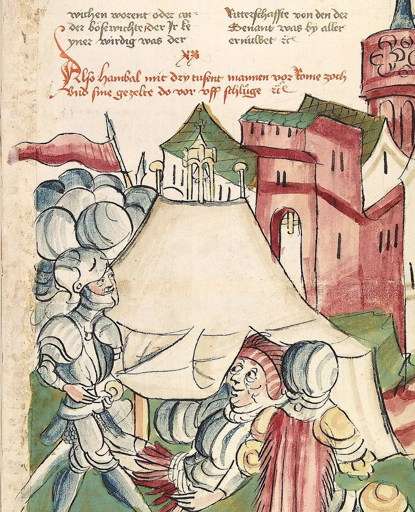 An illustration from Historia septem sapientum, dt. ; Martinus Oppaviensis: Chronicon pontificum et imperatorum, dt., 1450, leaf 279