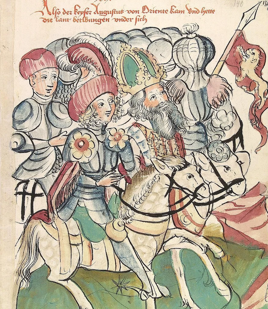 An illustration from Historia septem sapientum, dt. ; Martinus Oppaviensis: Chronicon pontificum et imperatorum, dt., 1450, leaf 293