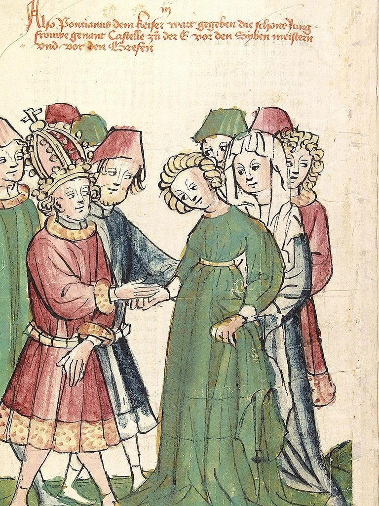 An illustration from Historia septem sapientum, dt. ; Martinus Oppaviensis: Chronicon pontificum et imperatorum, dt., 1450, leaf 30