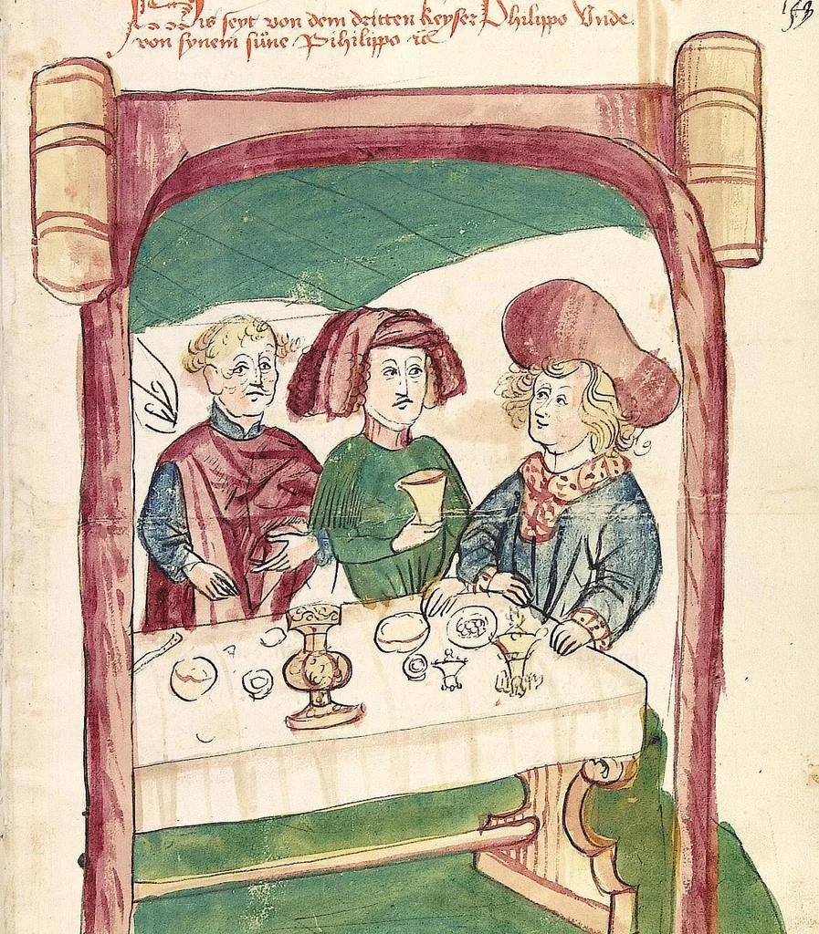 An illustration from Historia septem sapientum, dt. ; Martinus Oppaviensis: Chronicon pontificum et imperatorum, dt., 1450, leaf 319