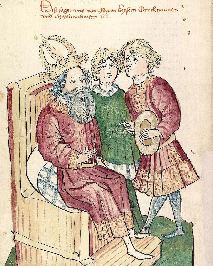 An illustration from Historia septem sapientum, dt. ; Martinus Oppaviensis: Chronicon pontificum et imperatorum, dt., 1450, leaf 324
