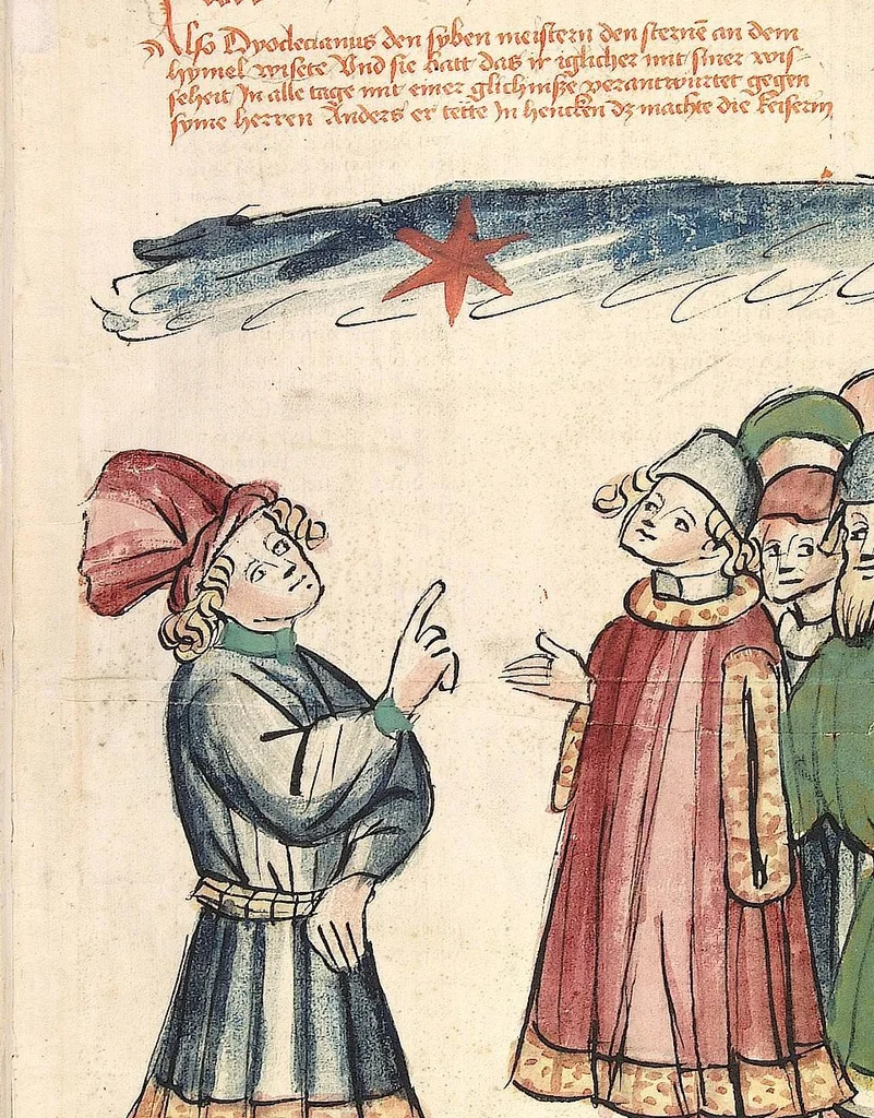 An illustration from Historia septem sapientum, dt. ; Martinus Oppaviensis: Chronicon pontificum et imperatorum, dt., 1450, leaf 33