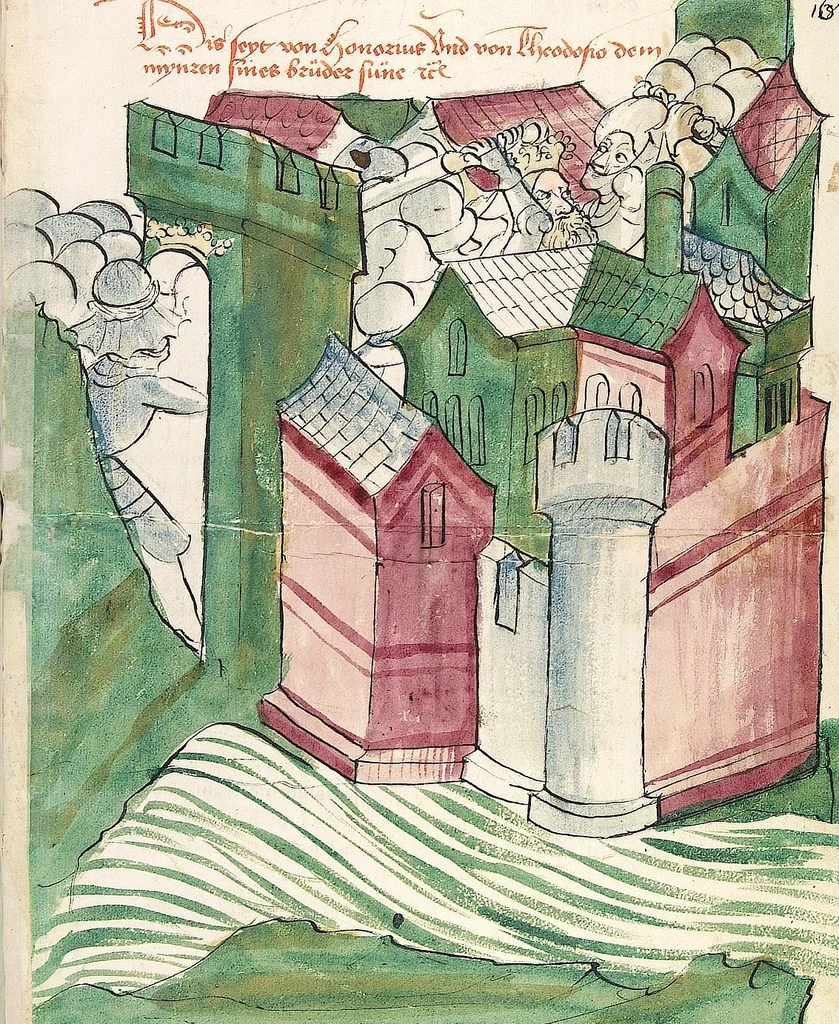 An illustration from Historia septem sapientum, dt. ; Martinus Oppaviensis: Chronicon pontificum et imperatorum, dt., 1450, leaf 337